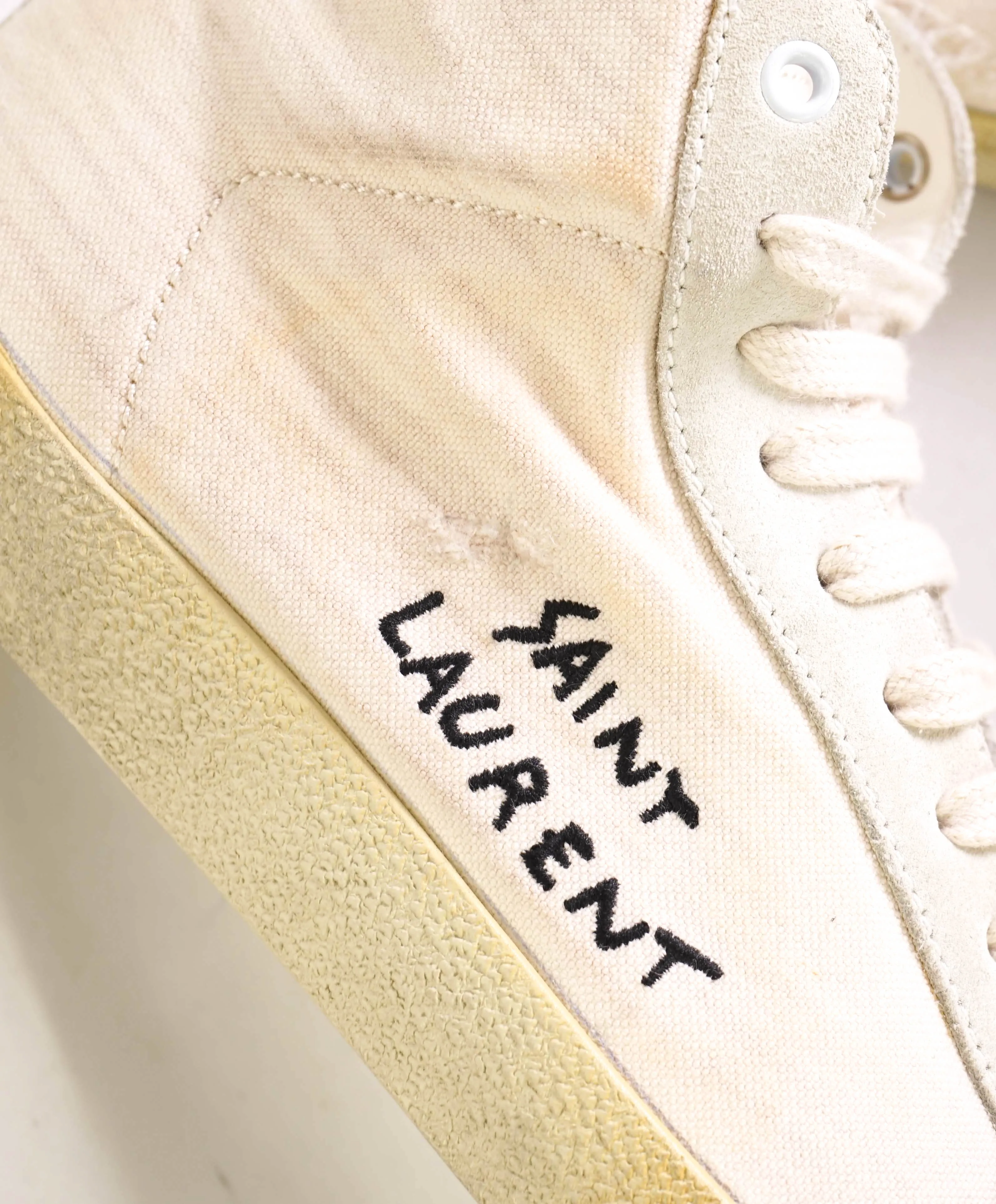 $850 SAINT LAURENT - Court Hightop Sneakers White Canvas/Leather - 10.5 (43.5EU)