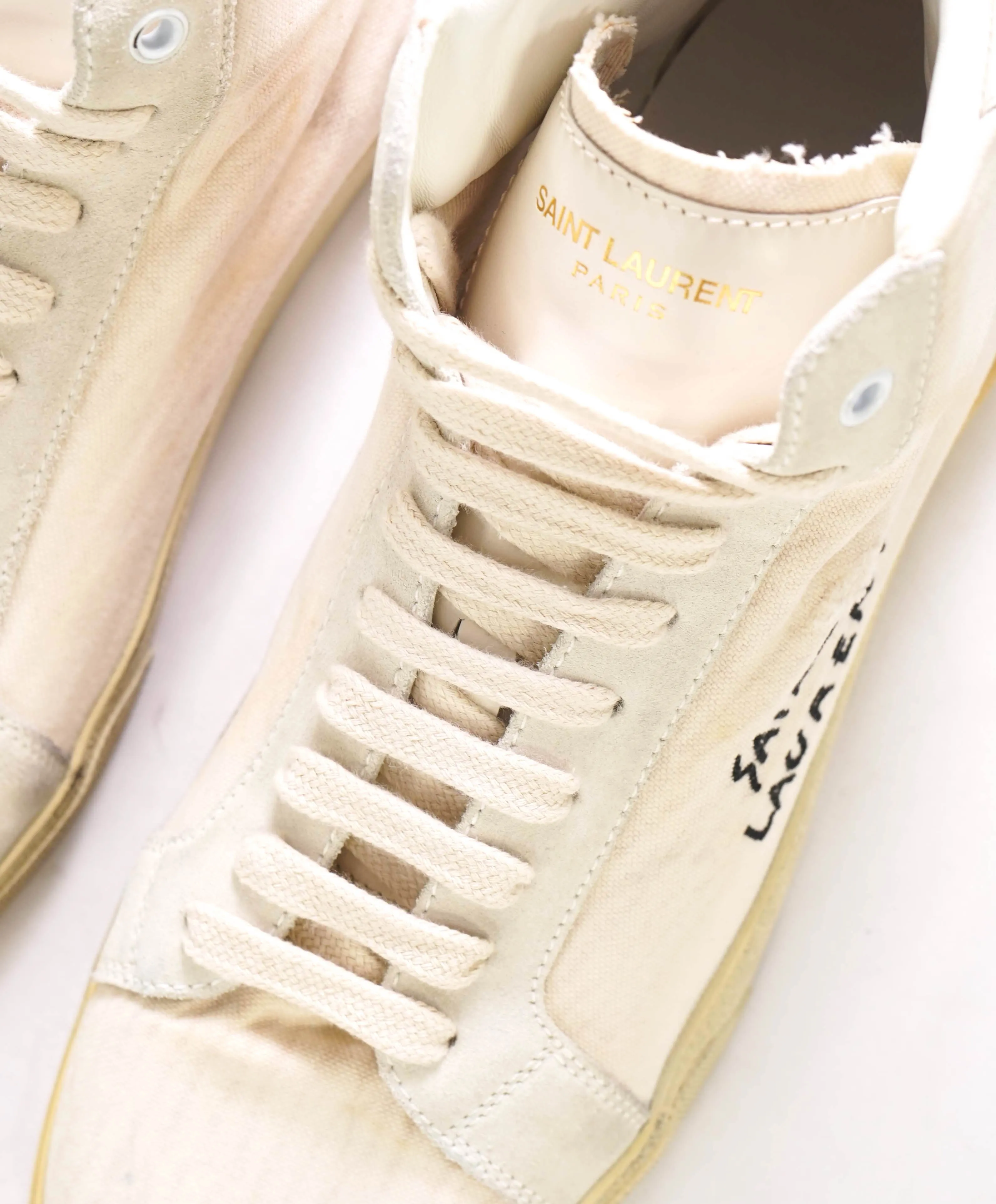 $850 SAINT LAURENT - Court Hightop Sneakers White Canvas/Leather - 10.5 (43.5EU)