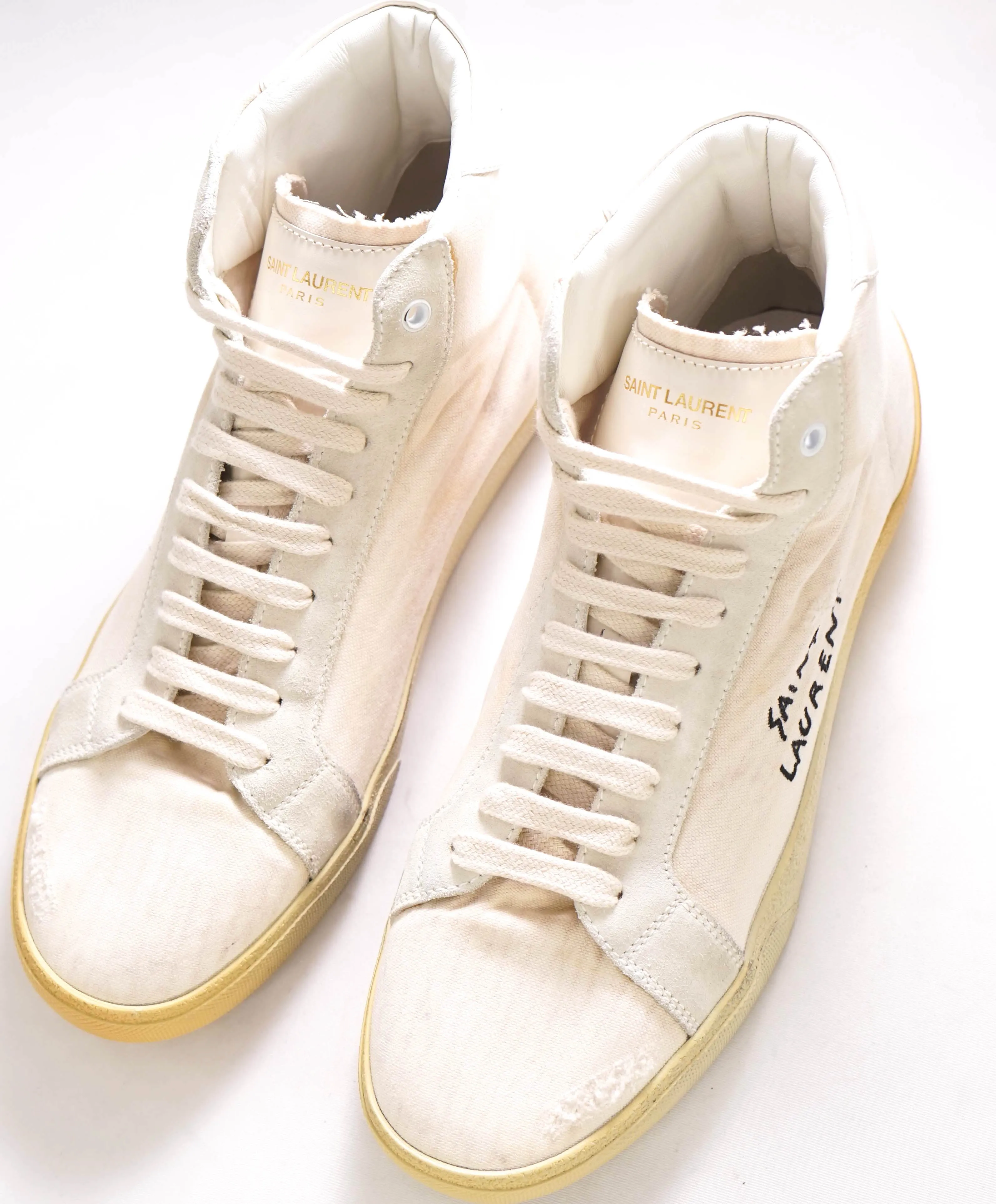 $850 SAINT LAURENT - Court Hightop Sneakers White Canvas/Leather - 10.5 (43.5EU)