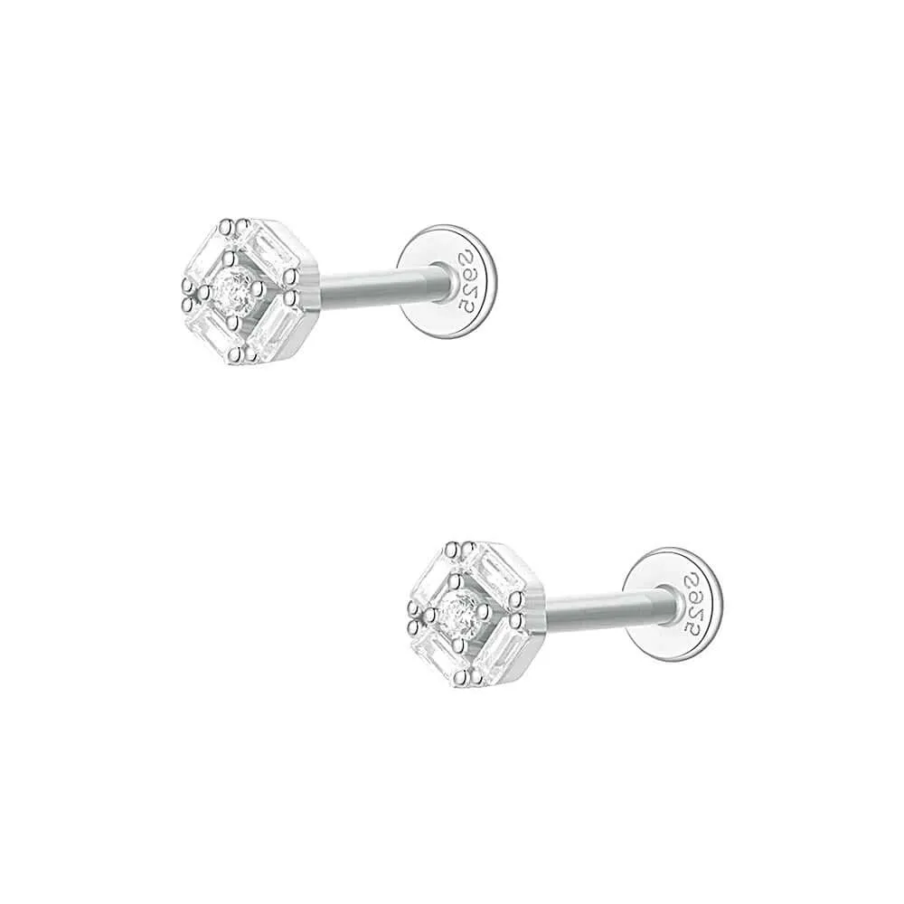 925 Silver Round Center Circle CZ Diamond Flat Back Earrings
