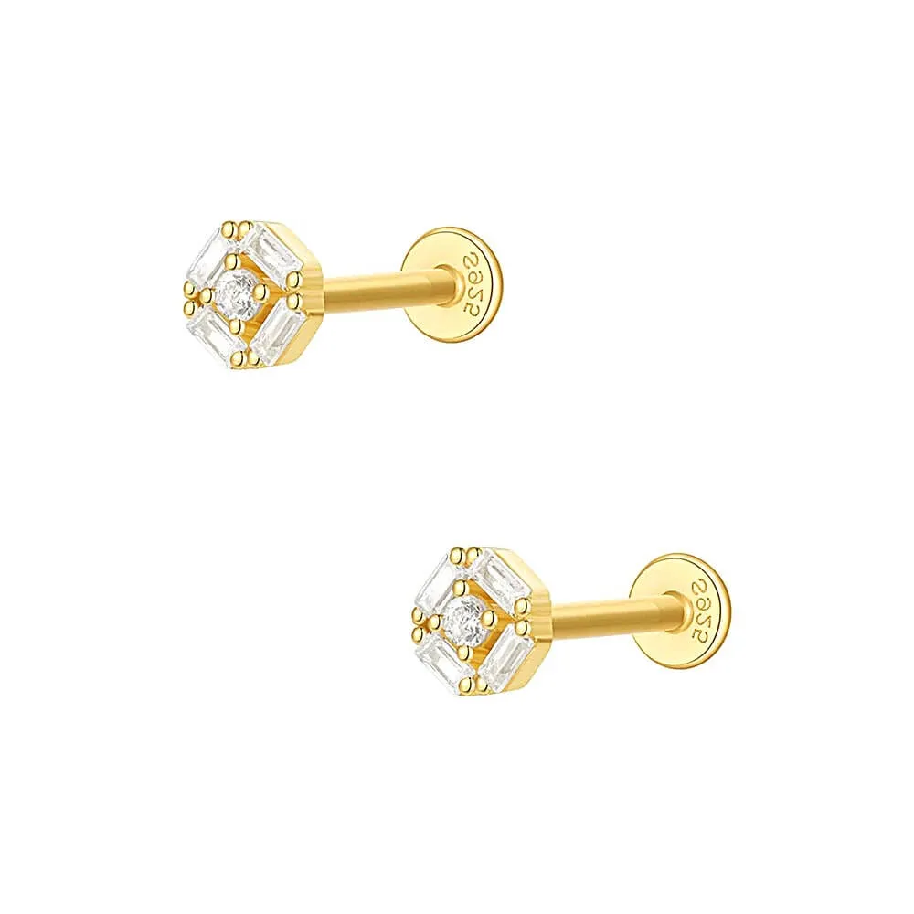 925 Silver Round Center Circle CZ Diamond Flat Back Earrings