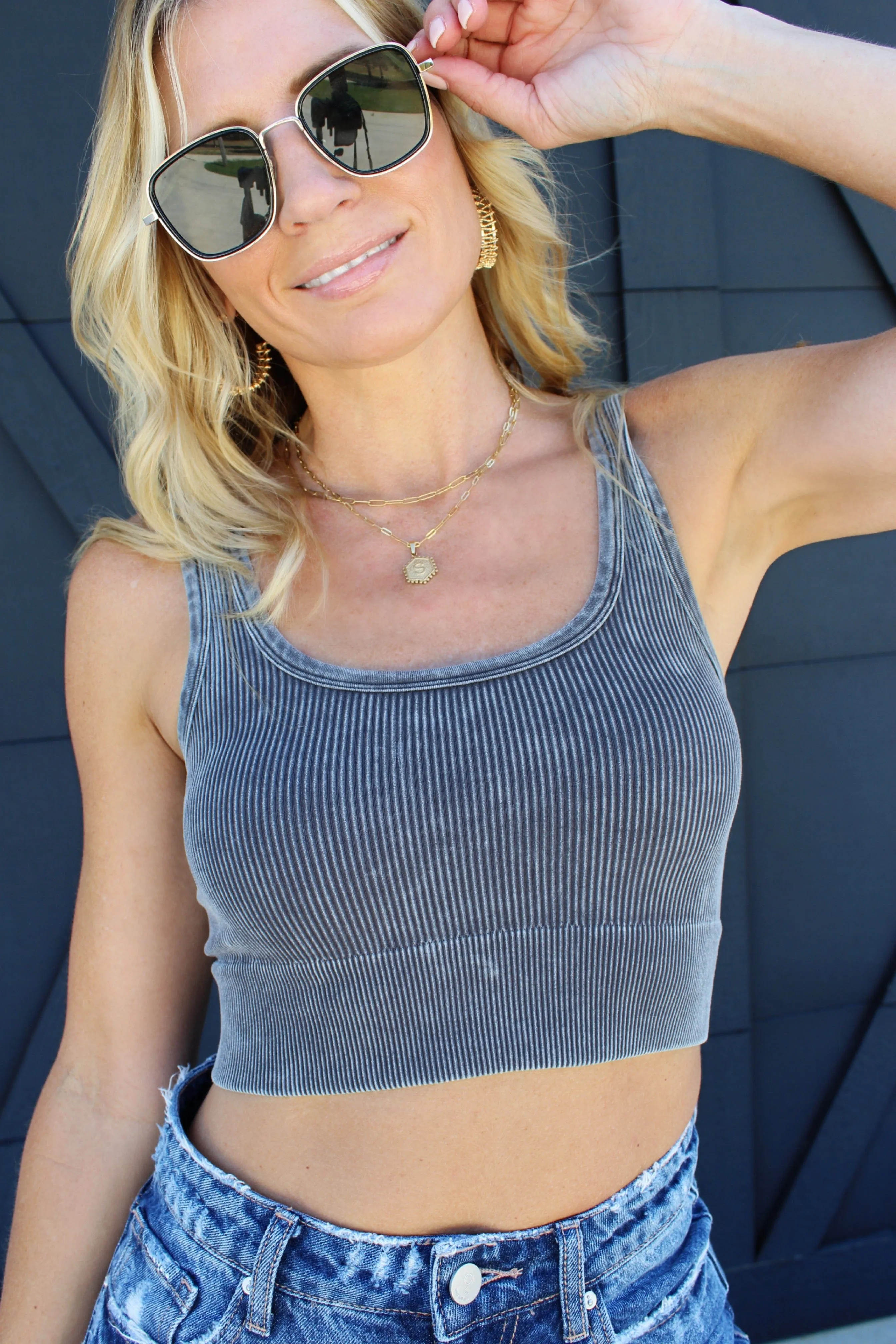 Acid Washed Ribbed Square Neck Crop-Ash Grey