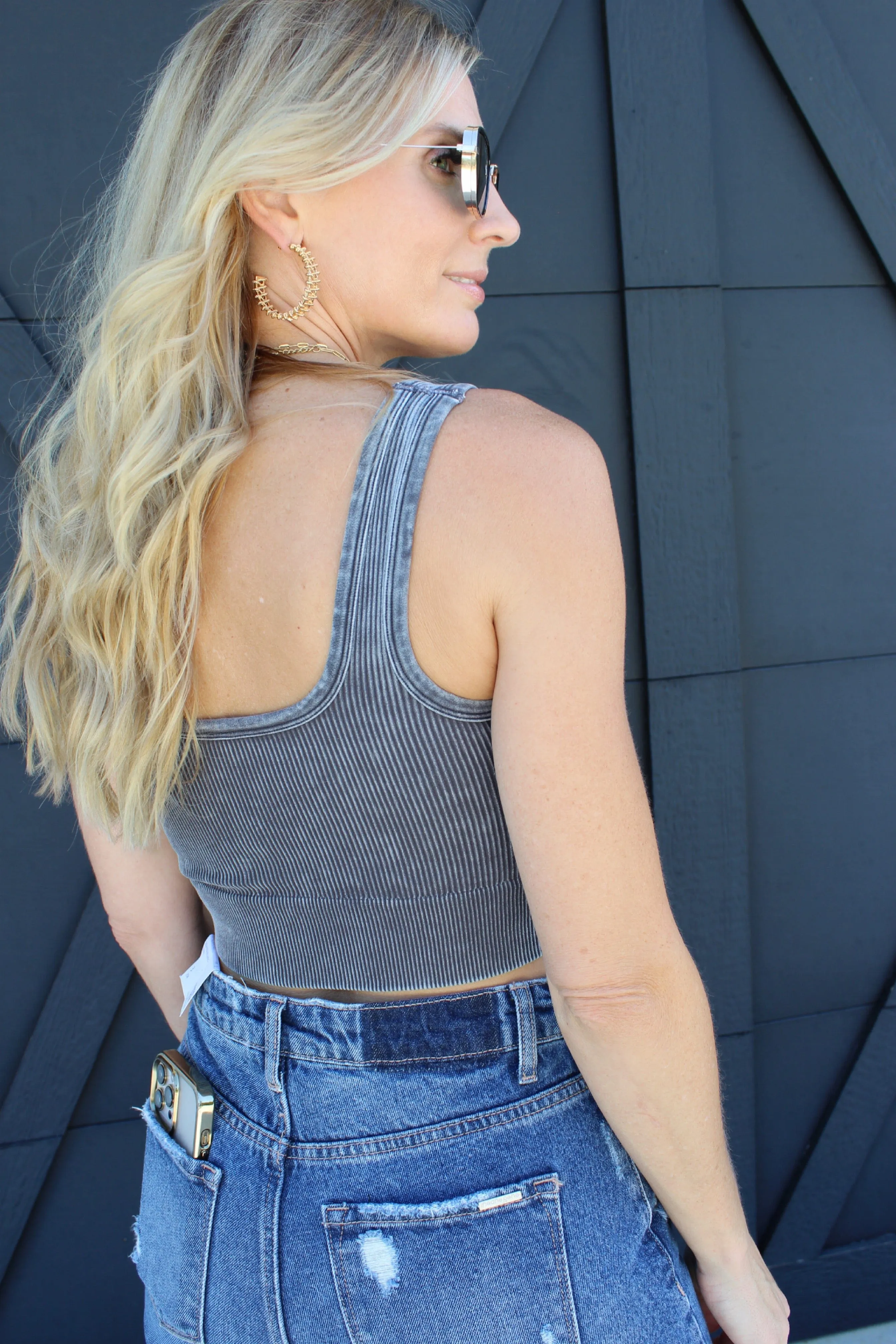 Acid Washed Ribbed Square Neck Crop-Ash Grey