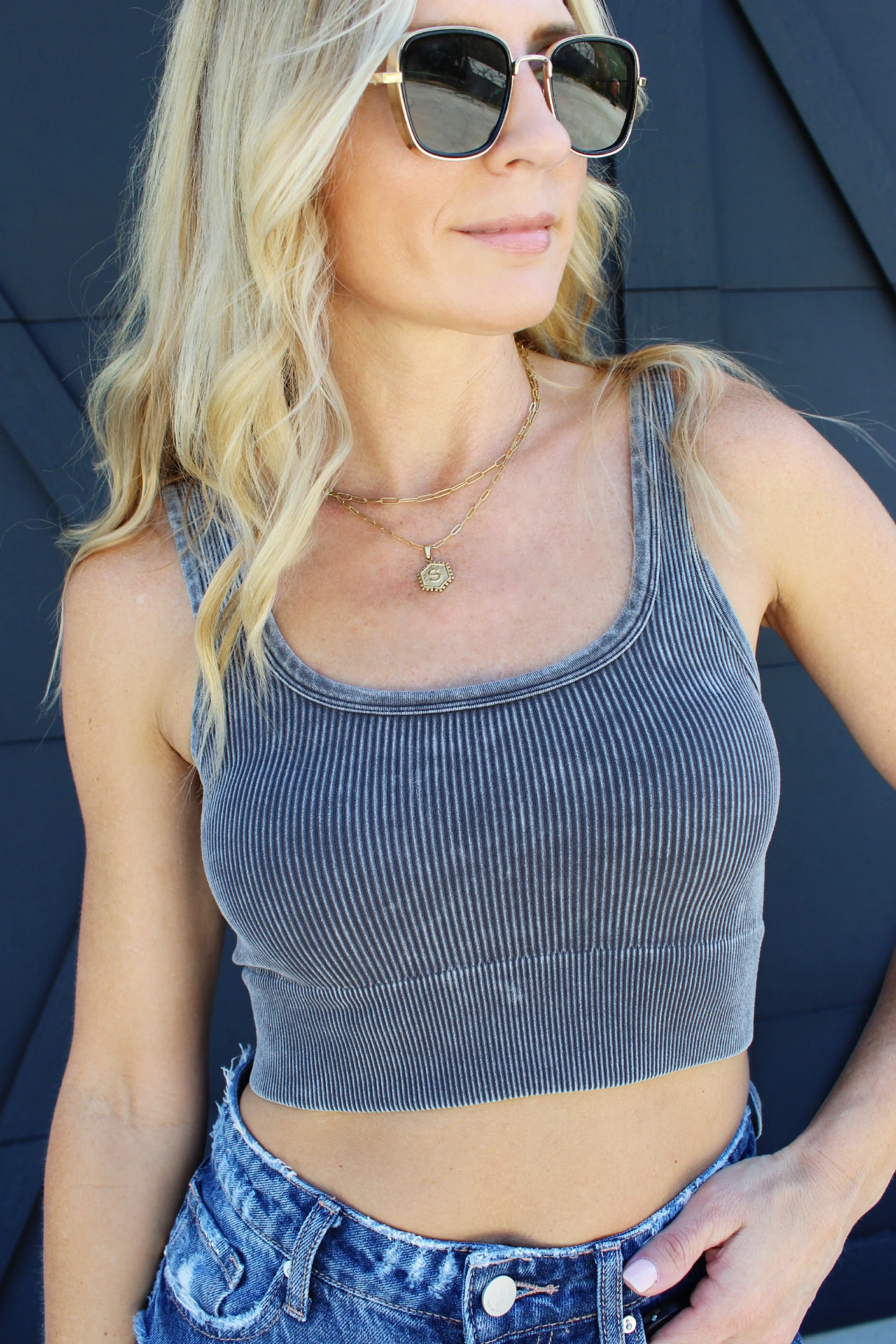 Acid Washed Ribbed Square Neck Crop-Ash Grey