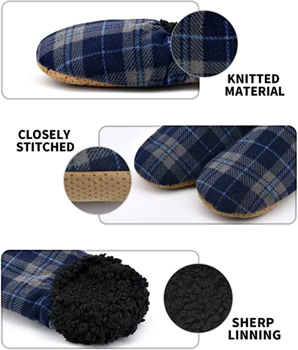 ALLBEST Men's Slippers Socks Autumn Winter Indoor Non-Skid House Slippers, Blue Plaid, Fits 9-11