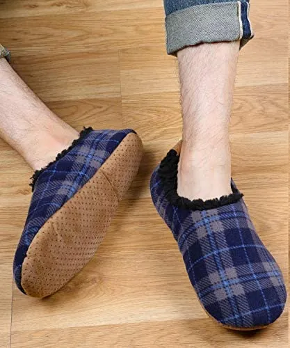 ALLBEST Men's Slippers Socks Autumn Winter Indoor Non-Skid House Slippers, Blue Plaid, Fits 9-11