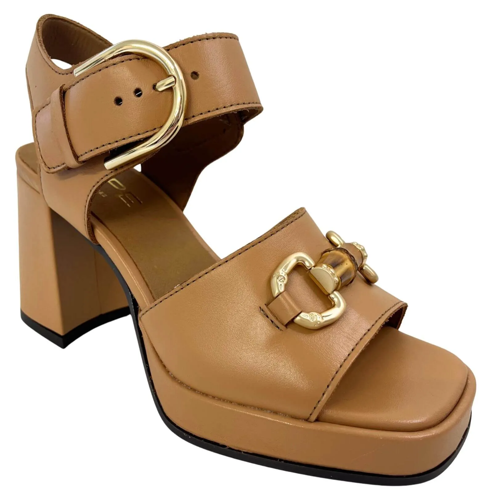 Alpe Tan Leather Block Heel Sandals