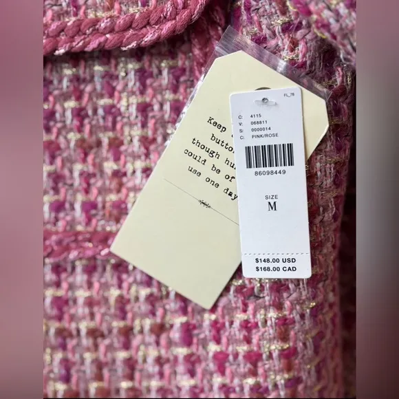 Anthropologie NWT Bright Pink/ Rose Tweed Blazer in Medium, Wool Blend 💕💕💕