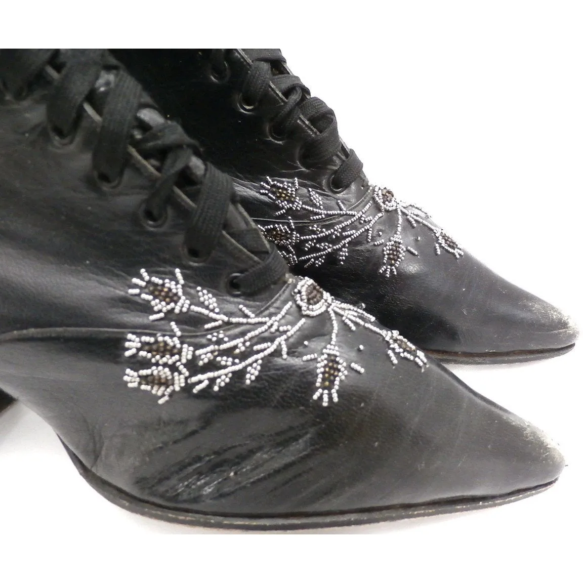 Antique Vintage Black Leather Spool Heel Boots Beaded Vamp Sz 5