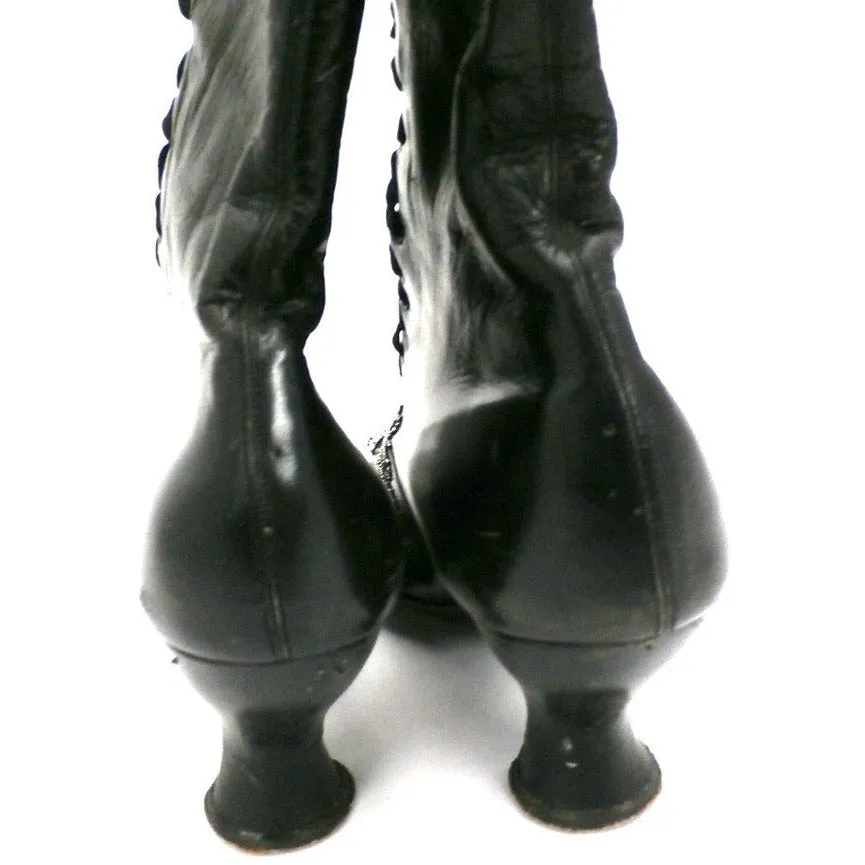 Antique Vintage Black Leather Spool Heel Boots Beaded Vamp Sz 5