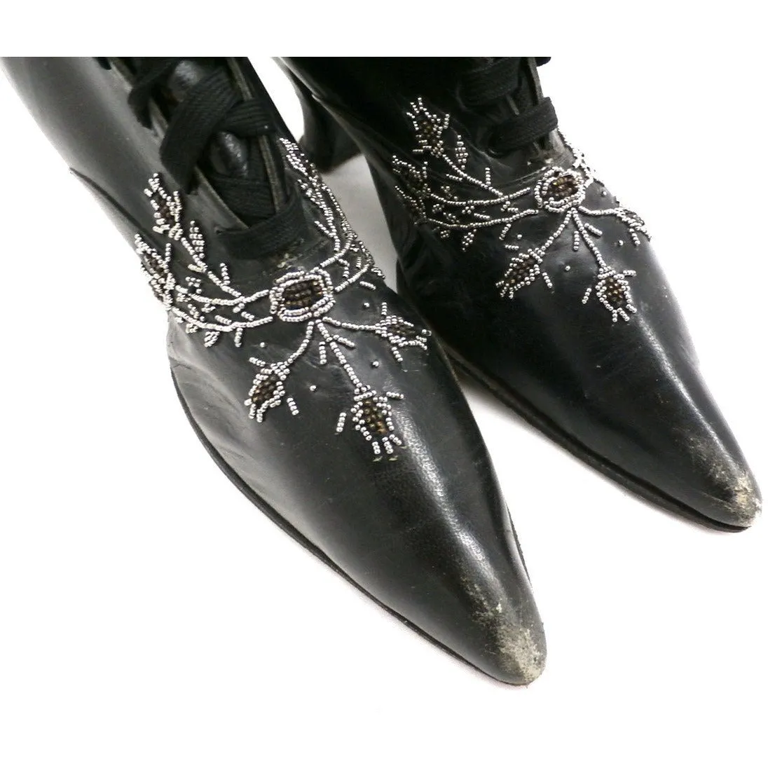 Antique Vintage Black Leather Spool Heel Boots Beaded Vamp Sz 5