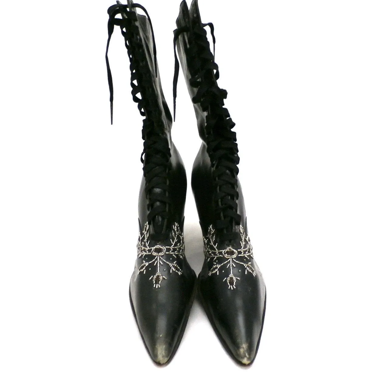 Antique Vintage Black Leather Spool Heel Boots Beaded Vamp Sz 5