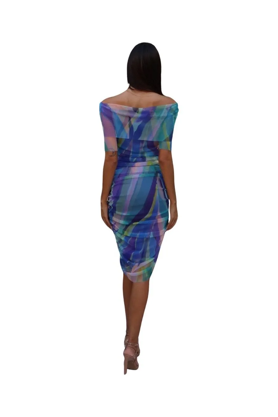 AQUARELLE Off Shoulder Knee Length 3/4 Sleeve Print Mesh Sheath Dress