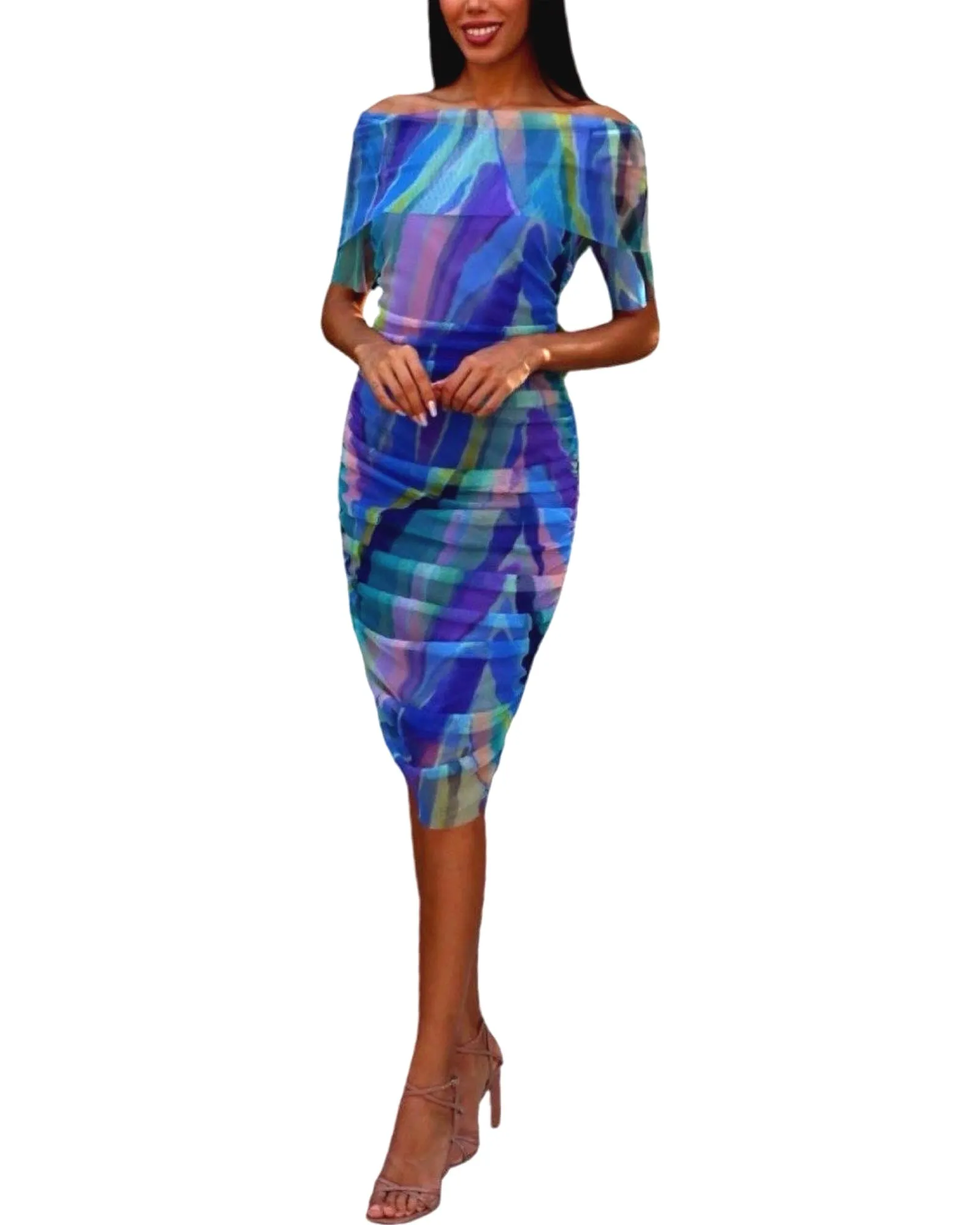 AQUARELLE Off Shoulder Knee Length 3/4 Sleeve Print Mesh Sheath Dress