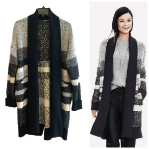 Banana Republic Landscape Long Black Grey Cream Open Front Cardigan Size Medium
