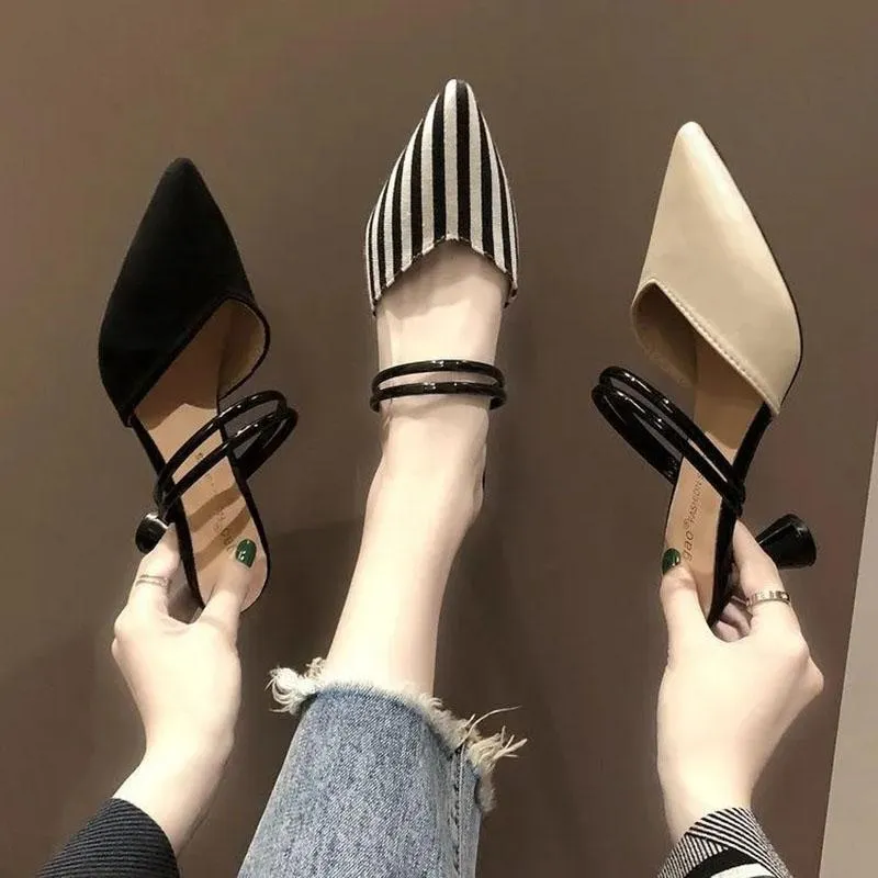 Baotou Half Slippers Women's Summer Fashion Outer Wear Striped Versatile Slippers Two Wear Pointed Toe High Heels Thick Heels Fitting Shoes Trend