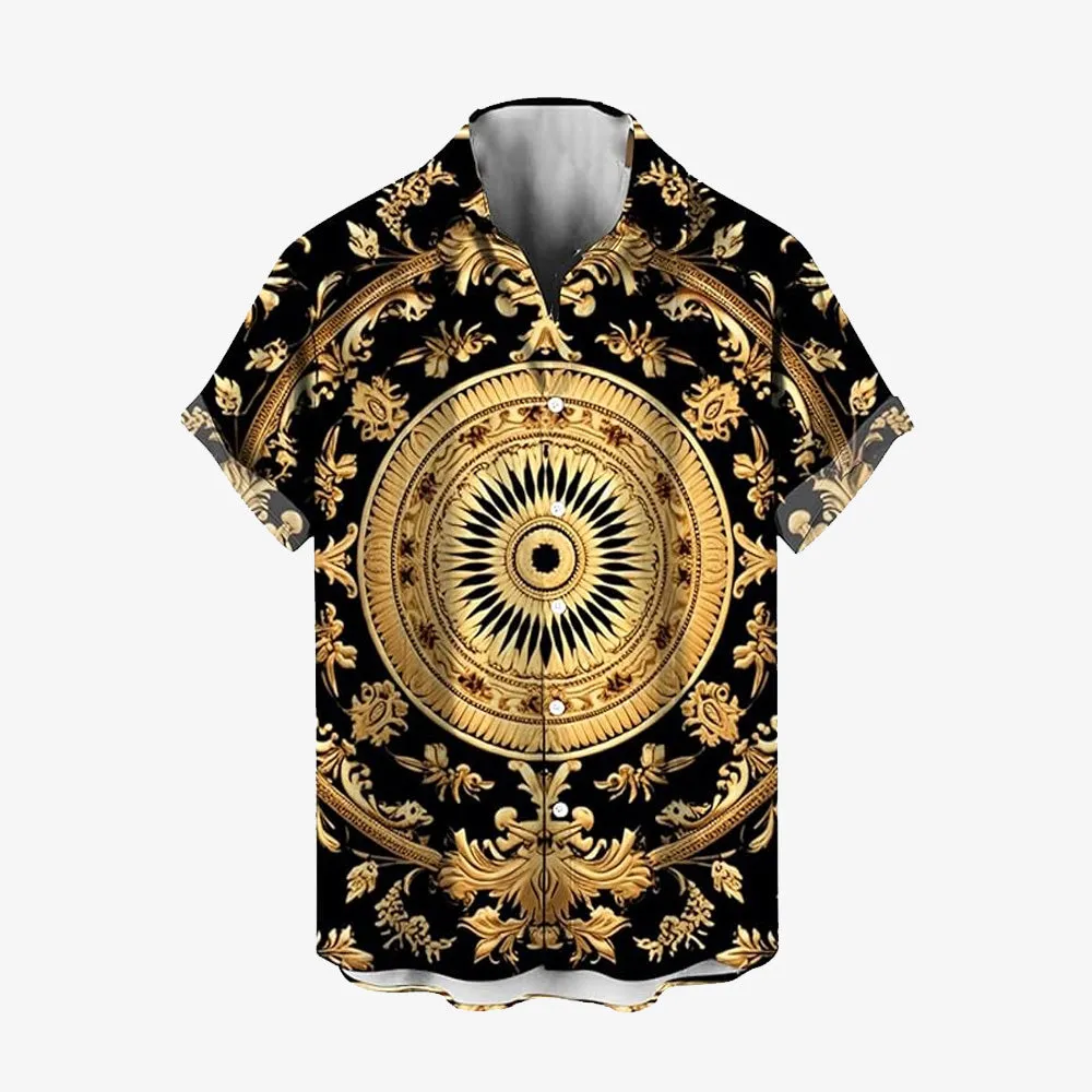 Baroque Gold Art Deco Print Casual Short Sleeve Shirt 2406000715