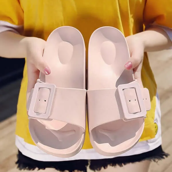 Beach Slippers Women Flat Solid Color Casual Shoes Outside Sandals Non-Slip Comfortable Sole