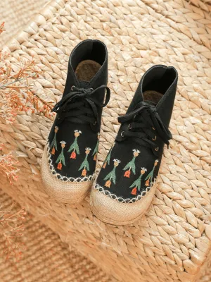 Black Retro Embroidered Linen Sneaker