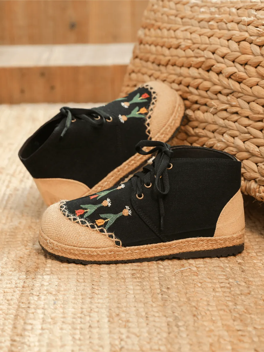 Black Retro Embroidered Linen Sneaker