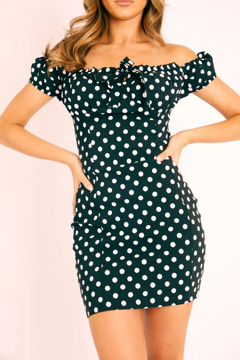 Black White Polka Bardot Milkmaid Dress - Roya