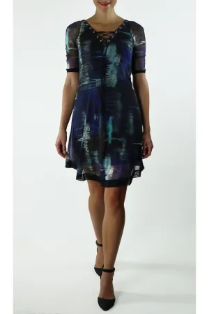 BLANCHE Grommets and Ribbon 3/4 Sleeves A-Line Trapeze Dress