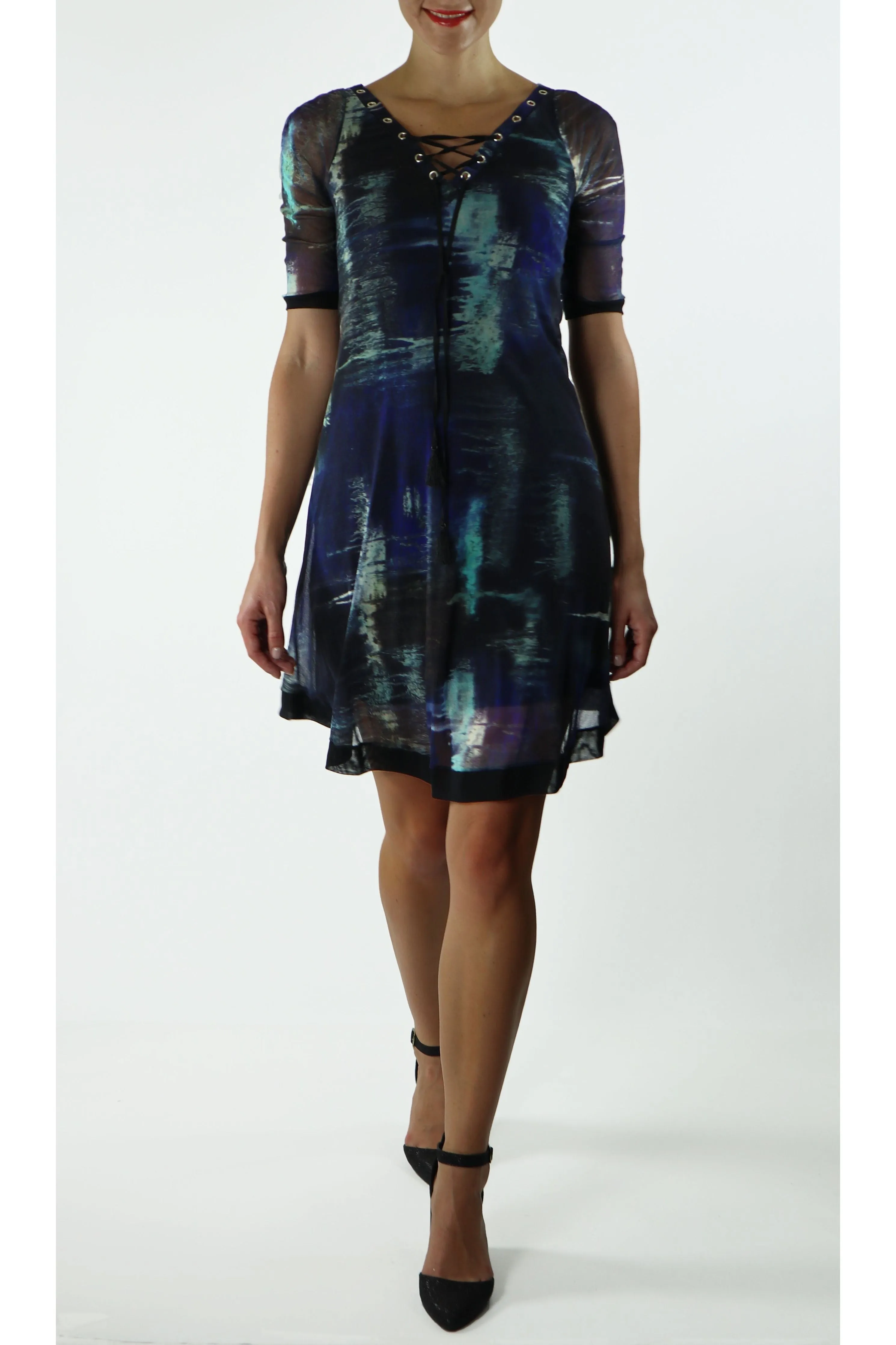 BLANCHE Grommets and Ribbon 3/4 Sleeves A-Line Trapeze Dress