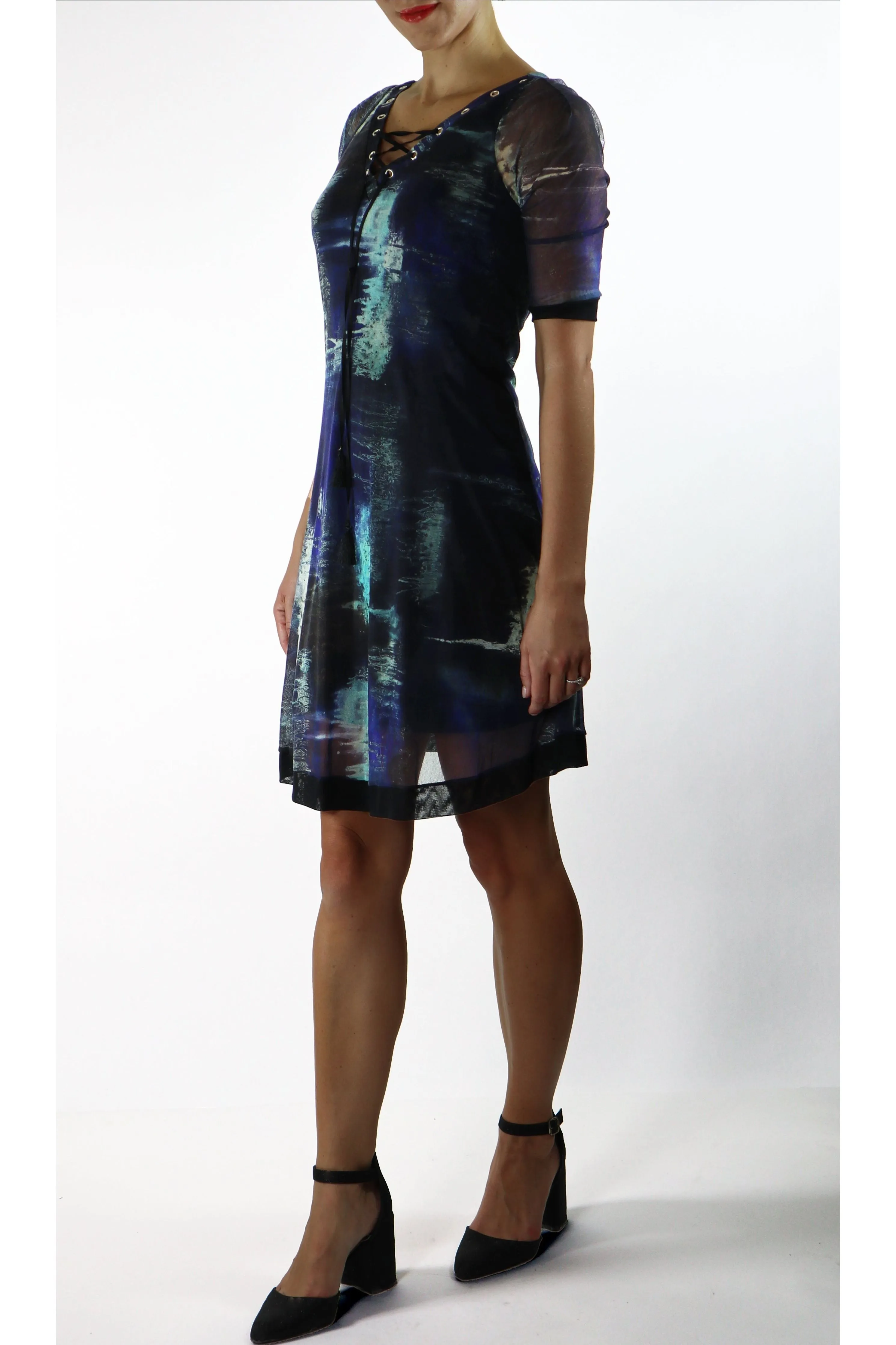 BLANCHE Grommets and Ribbon 3/4 Sleeves A-Line Trapeze Dress