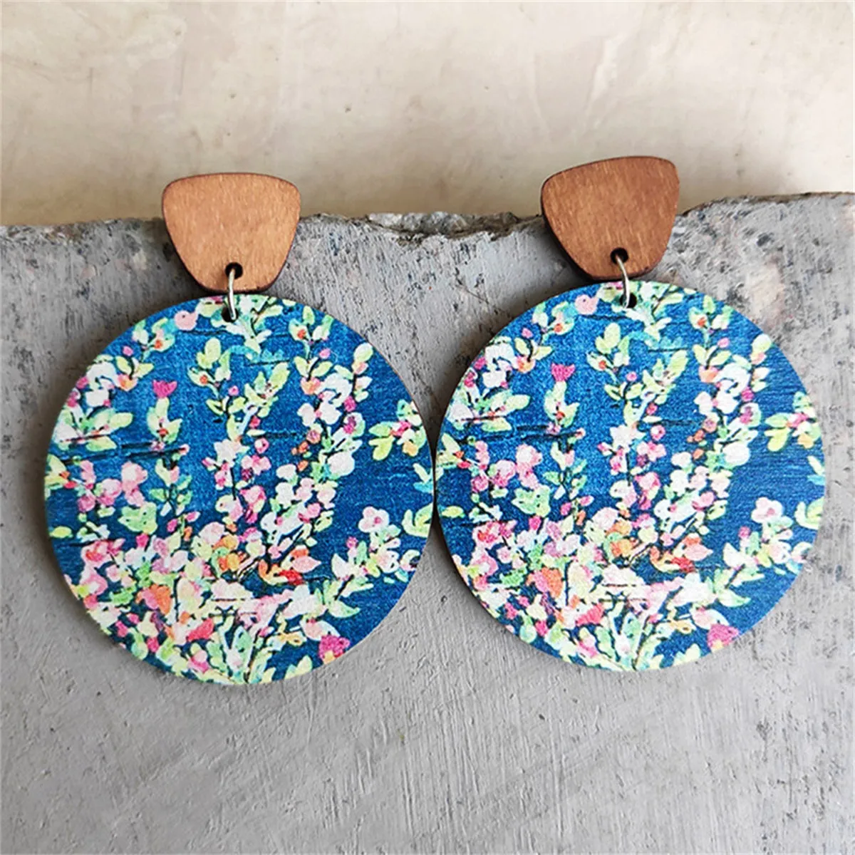 Blue & Green Wood Floral Painted Round Dangle Earrings