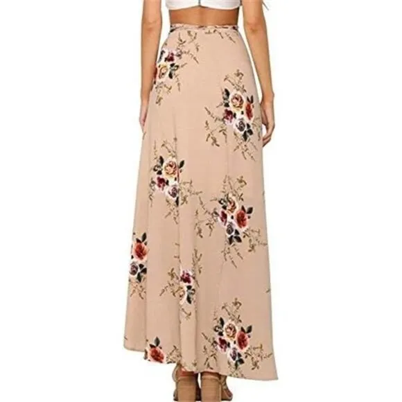 Boho Nude Floral Print Tie Waist Wrap Maxi Skirt Leg Slit Flowy Skirt Cover Up