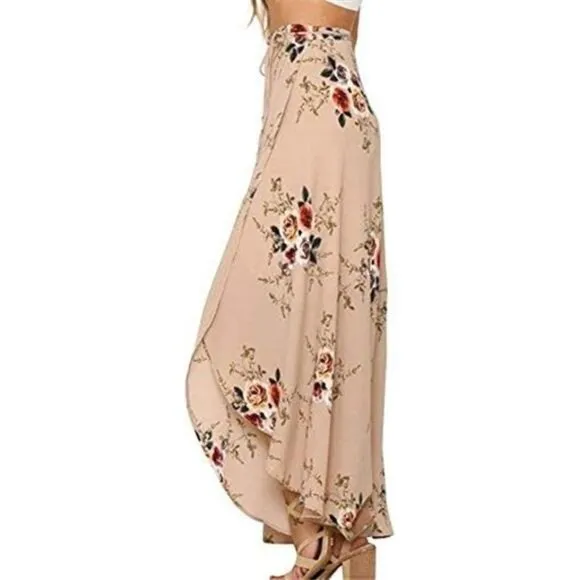 Boho Nude Floral Print Tie Waist Wrap Maxi Skirt Leg Slit Flowy Skirt Cover Up