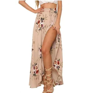 Boho Nude Floral Print Tie Waist Wrap Maxi Skirt Leg Slit Flowy Skirt Cover Up