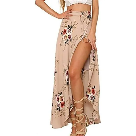 Boho Nude Floral Print Tie Waist Wrap Maxi Skirt Leg Slit Flowy Skirt Cover Up