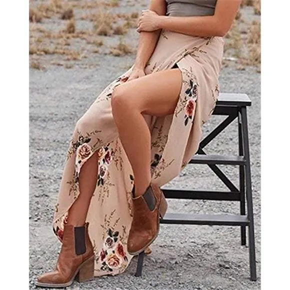 Boho Nude Floral Print Tie Waist Wrap Maxi Skirt Leg Slit Flowy Skirt Cover Up