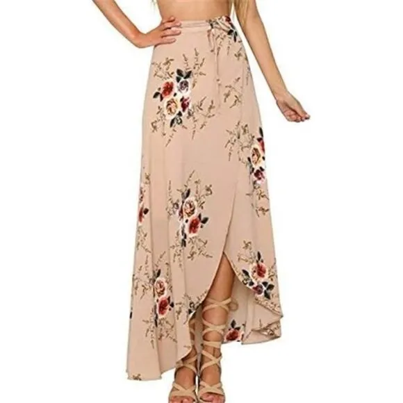 Boho Nude Floral Print Tie Waist Wrap Maxi Skirt Leg Slit Flowy Skirt Cover Up