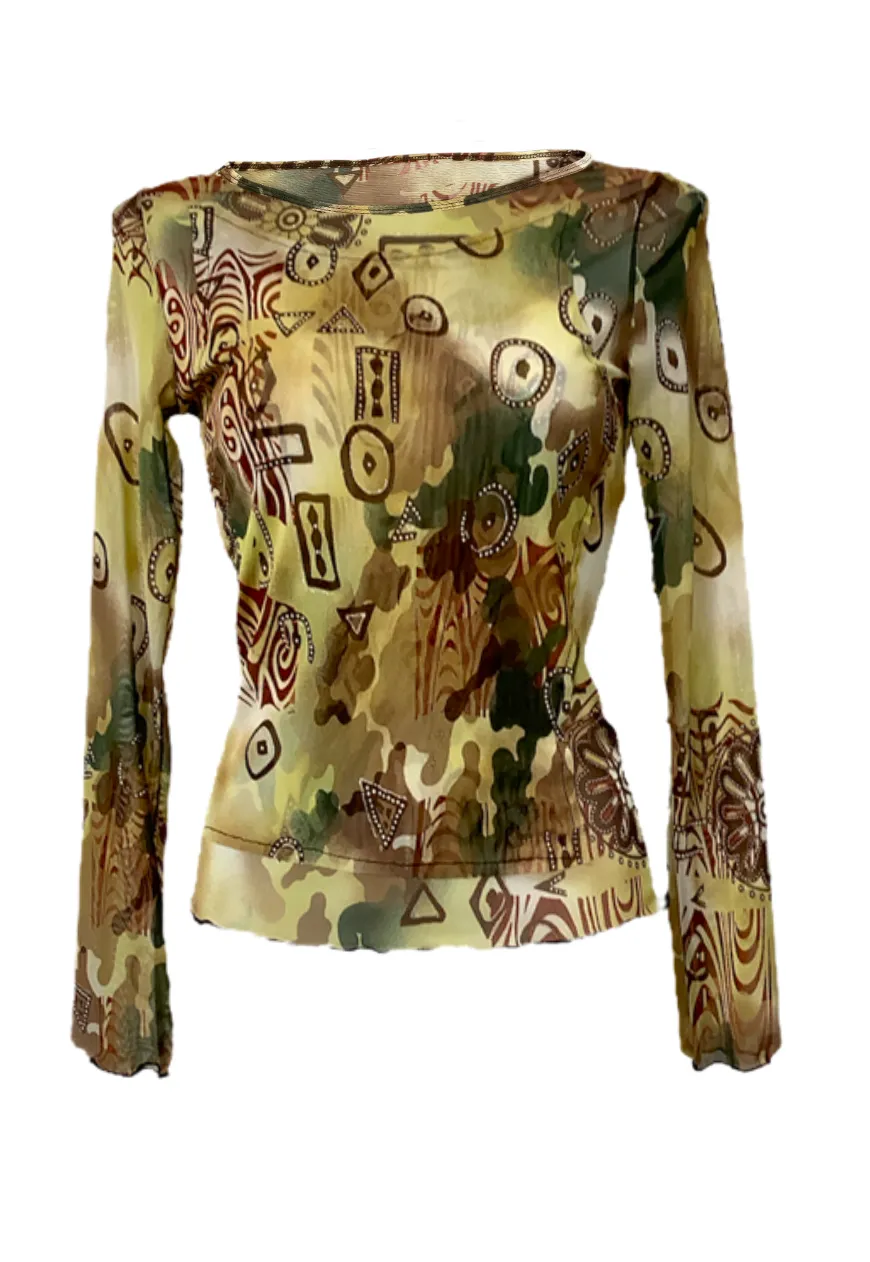 BROWN SWIRL MESH SLEEVED TOP