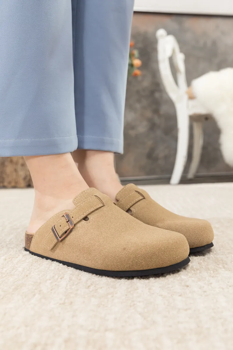 Buckle Suede Classic Beige Clog Mule Slippers