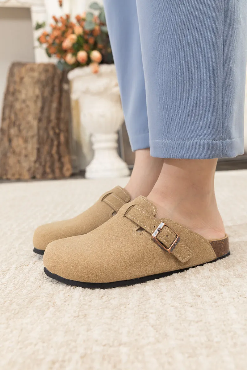 Buckle Suede Classic Beige Clog Mule Slippers
