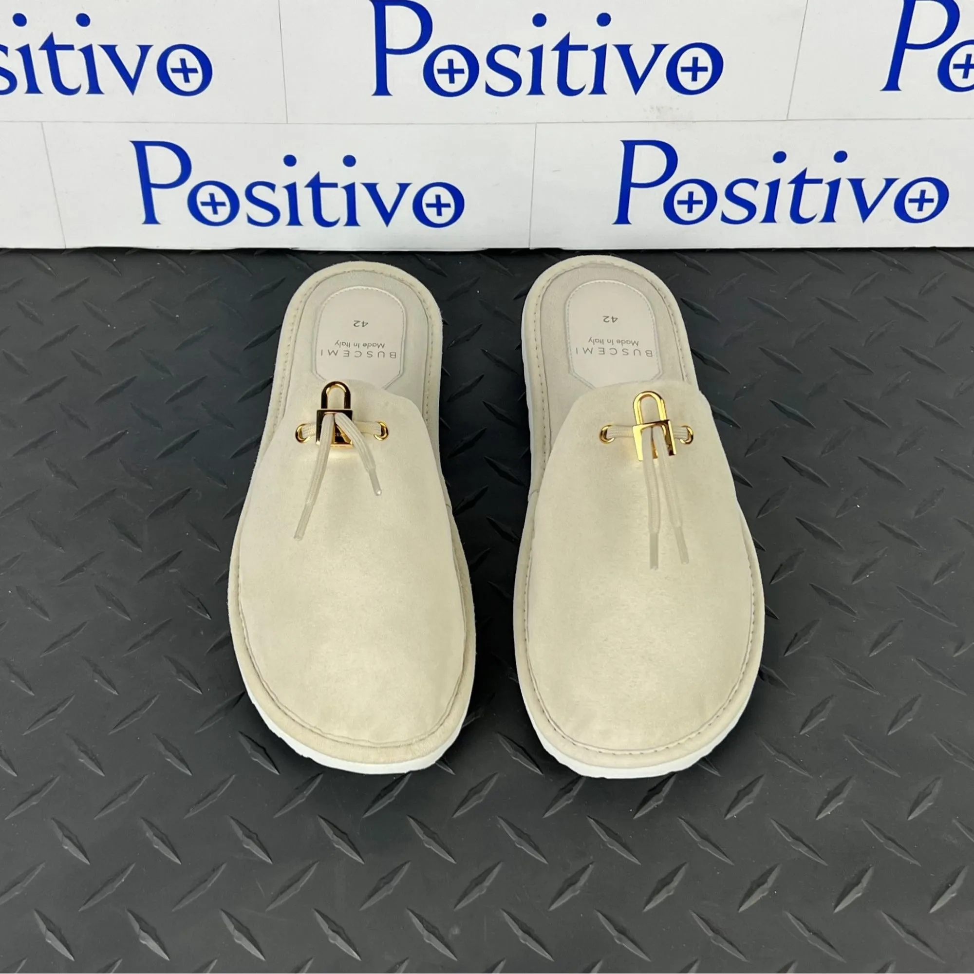 Buscemi Mens Greenwich Off White Suede Slippers Sample