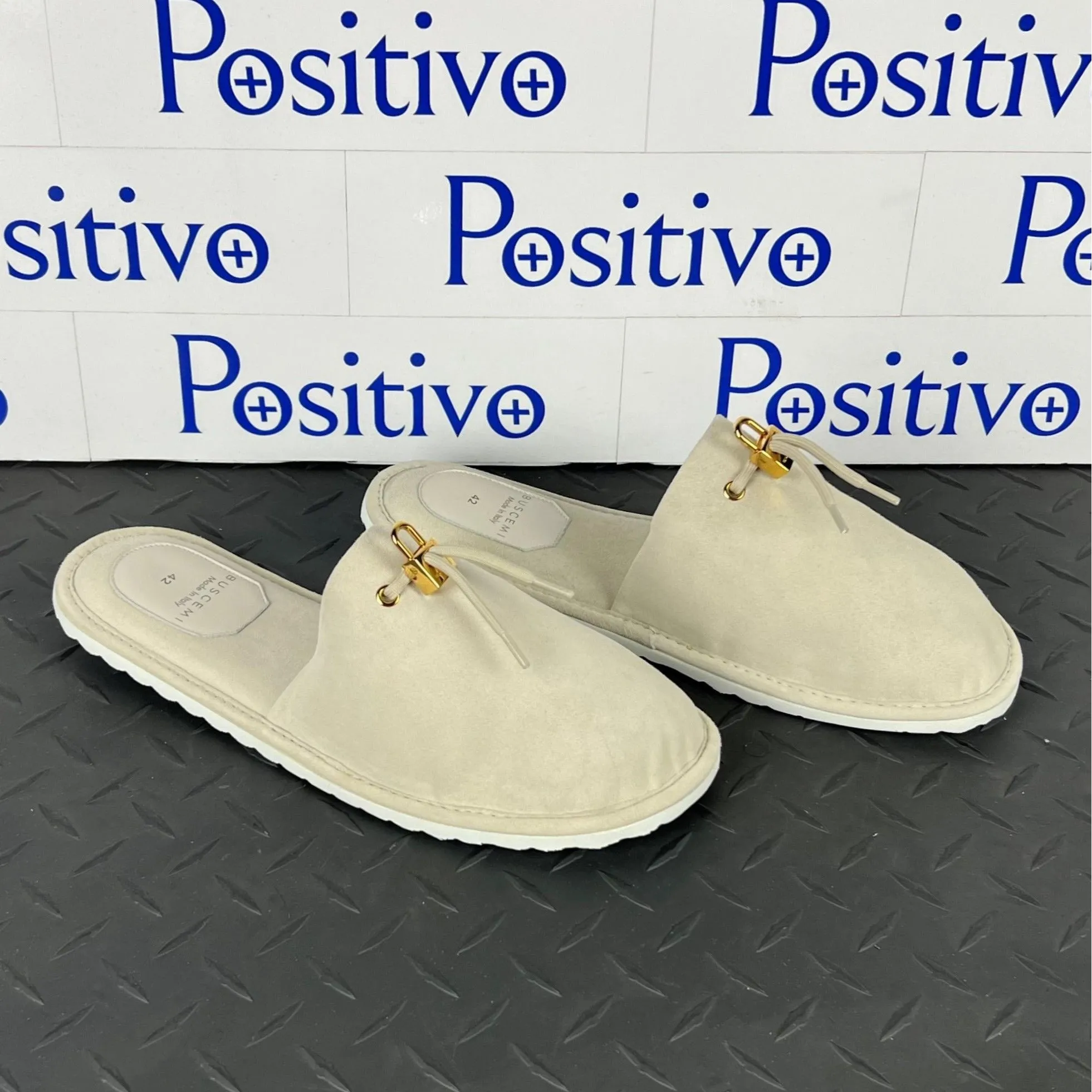 Buscemi Mens Greenwich Off White Suede Slippers Sample