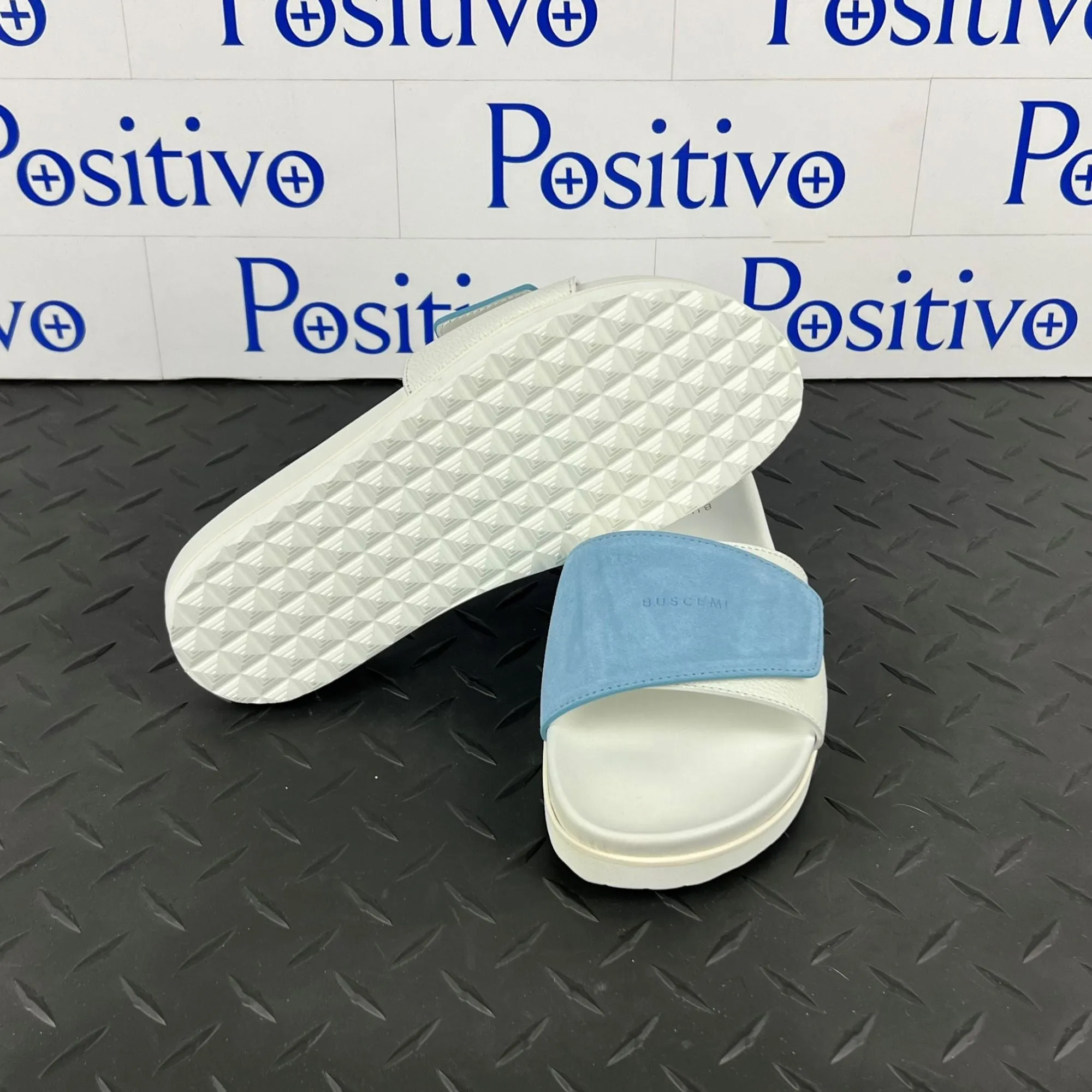 Buscemi Womens Slide Scratch White/Cielo Leather Sandals SAMPLE