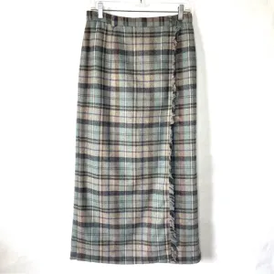 Bushwacker Vintage 80s Wool Blend Maxi Skirt Plaid Fringe Grey Blue Size 8