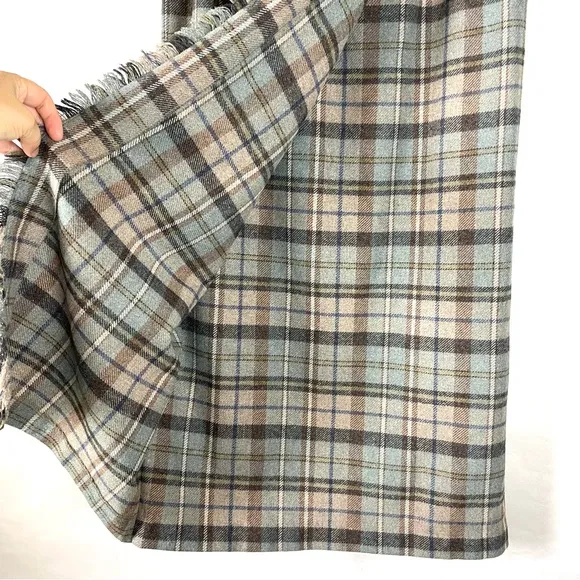 Bushwacker Vintage 80s Wool Blend Maxi Skirt Plaid Fringe Grey Blue Size 8