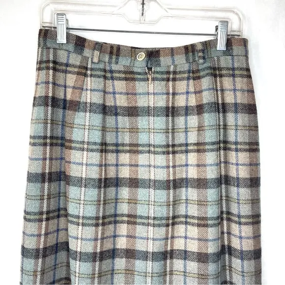Bushwacker Vintage 80s Wool Blend Maxi Skirt Plaid Fringe Grey Blue Size 8