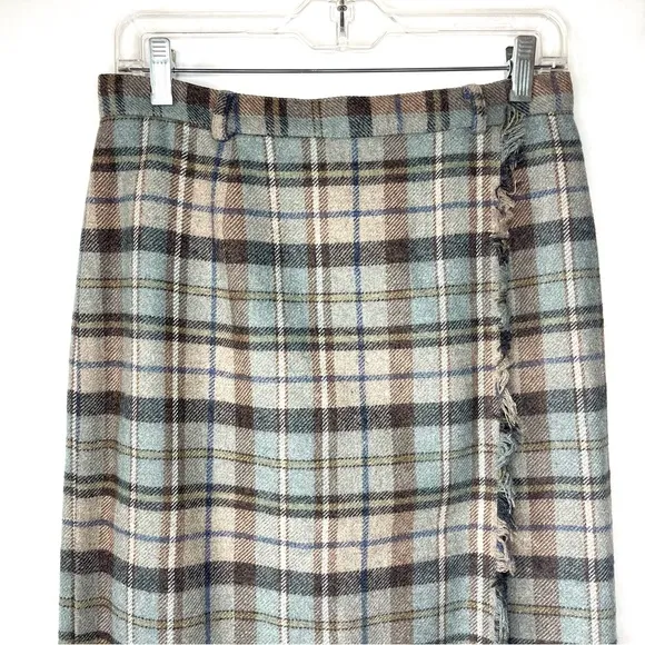 Bushwacker Vintage 80s Wool Blend Maxi Skirt Plaid Fringe Grey Blue Size 8