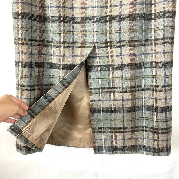 Bushwacker Vintage 80s Wool Blend Maxi Skirt Plaid Fringe Grey Blue Size 8