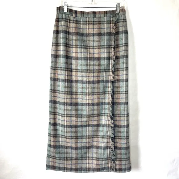 Bushwacker Vintage 80s Wool Blend Maxi Skirt Plaid Fringe Grey Blue Size 8