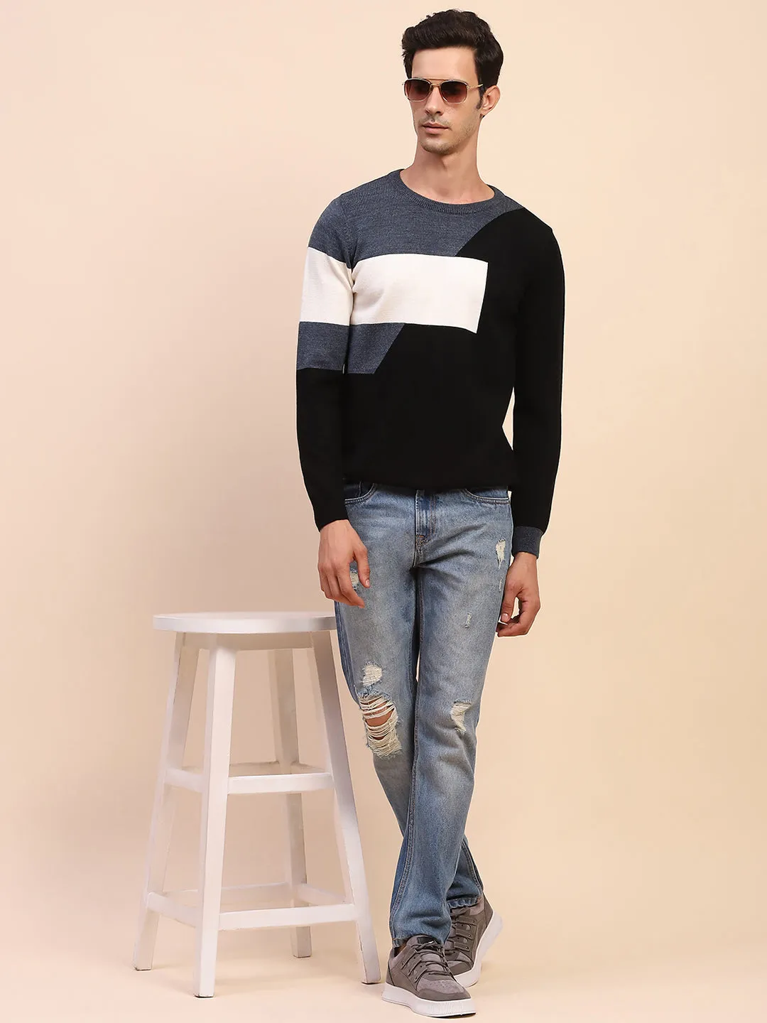 Camla Barcelona Colourblock Crew Neck Navy Sweater