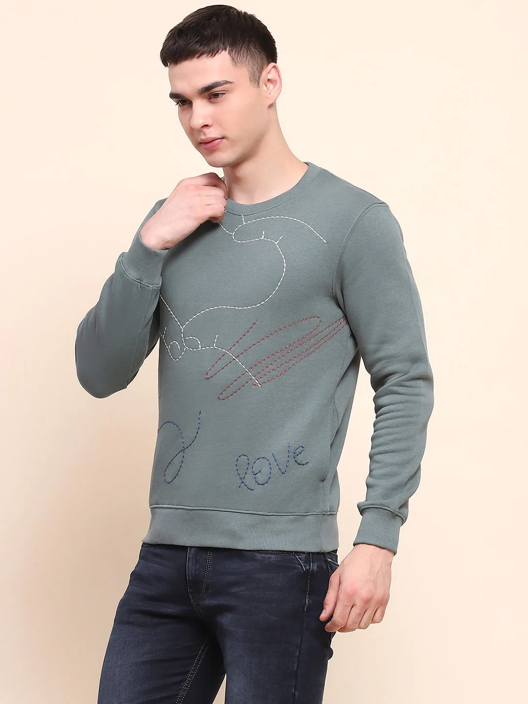 Camla Barcelona Cotton All Over Embroidered Dusty Green Sweatshirt