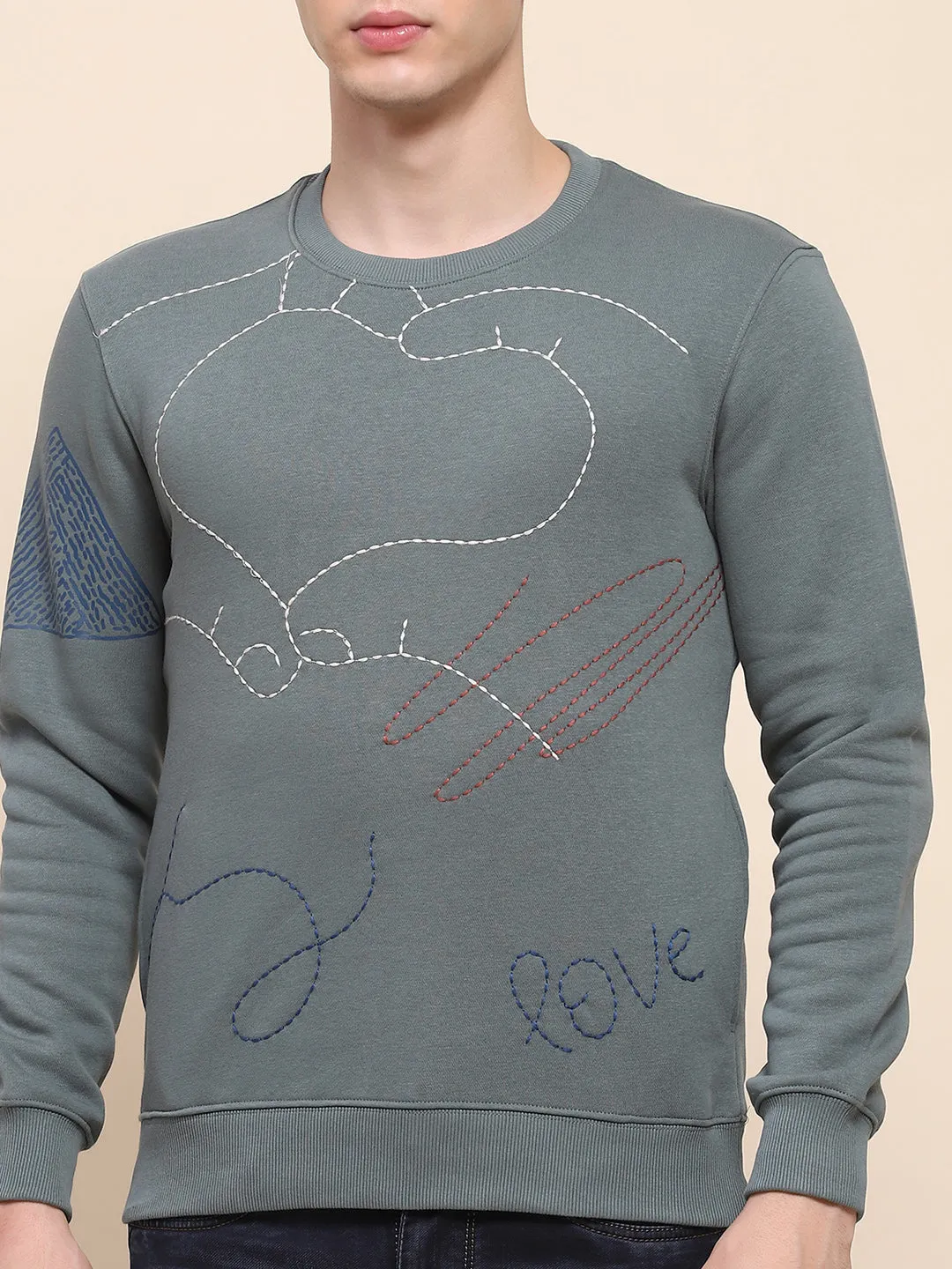 Camla Barcelona Cotton All Over Embroidered Dusty Green Sweatshirt